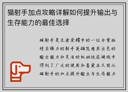 猫射手加点攻略详解如何提升输出与生存能力的最佳选择